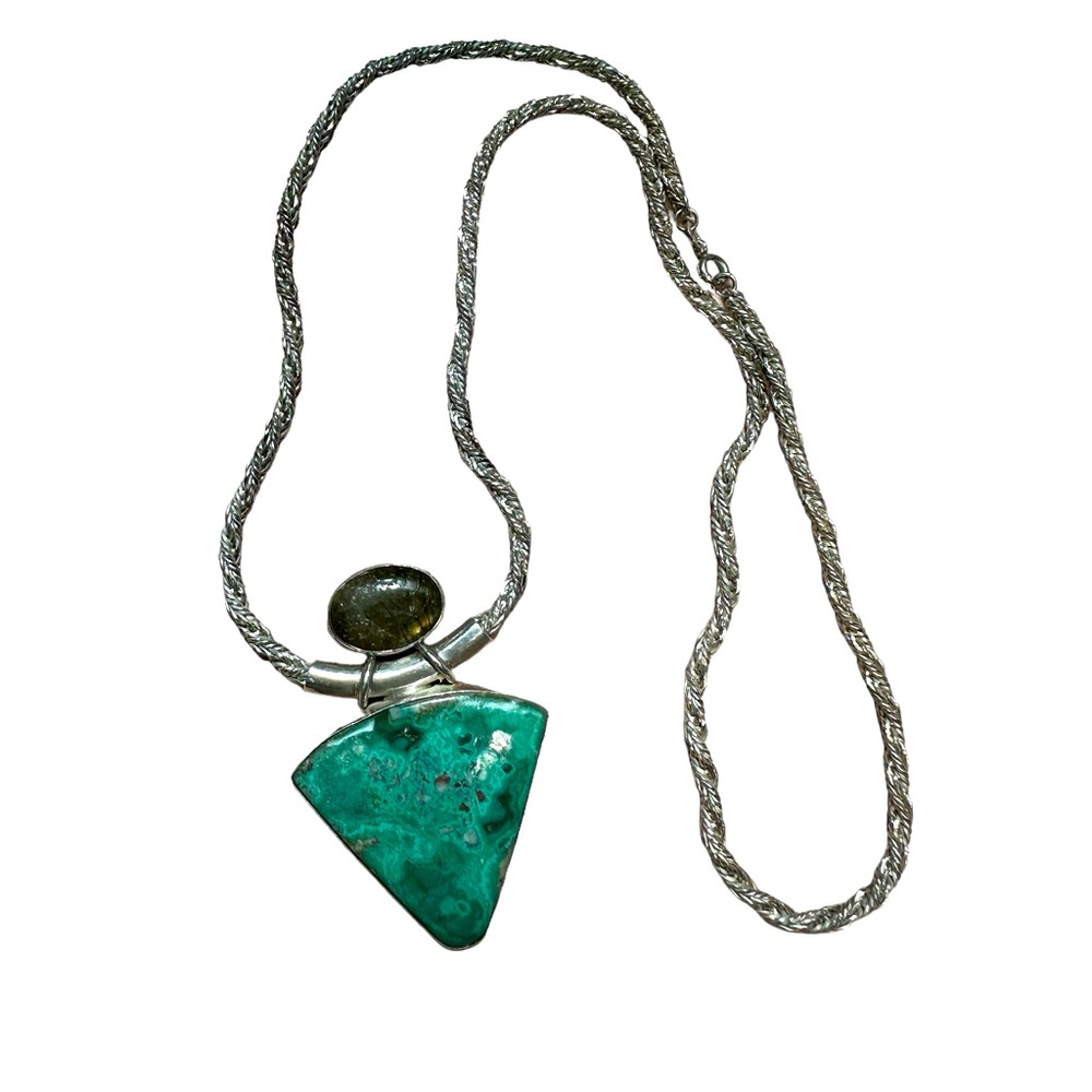 22” 925 silver byzantine necklace with 2 “ turquoise & gem pendant set in SS